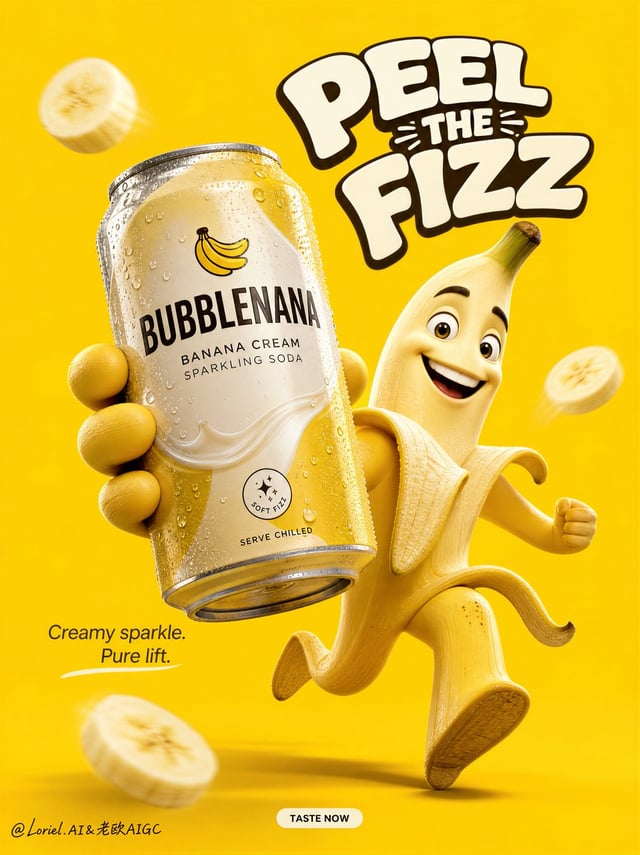 Create a Cannes-level flagship advertising poster for an original soft drink brand named BUBBLENANA,