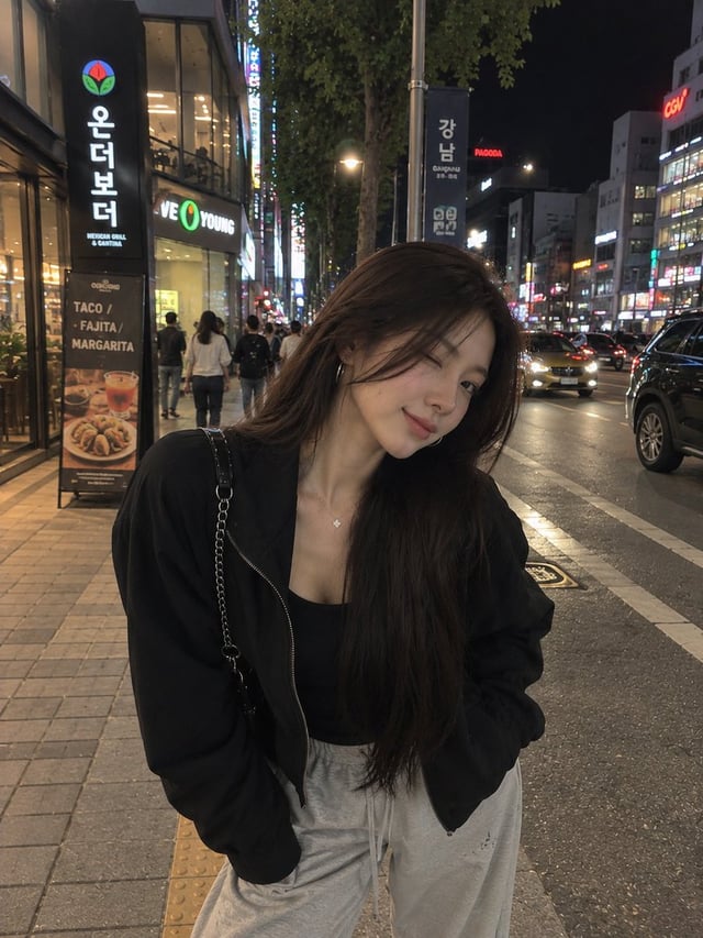 A photorealistic nighttime street-style portrait of a young woman taking a casual selfie in a busy K