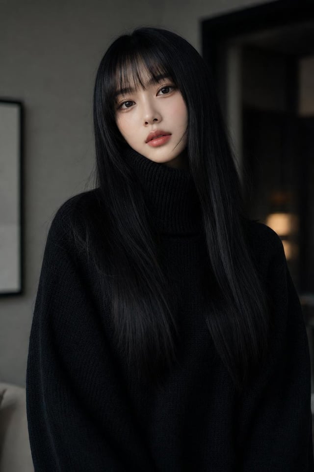 Ultra-photorealistic high-fashion portrait of a sophisticated young woman, vertical 9:16. She has ex