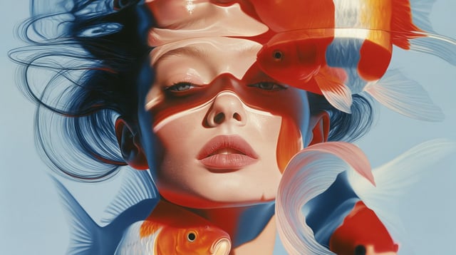 Woman swimming underwater with beautiful koi, bright vivid colours