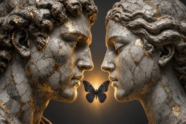 Close-up of two cracked classical sculpture heads facing each other in profile, almost touching at t