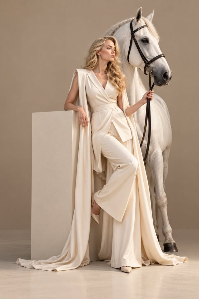 Ultra-realistic luxury fashion editorial in a minimalist warm beige studio. A glamorous adult blonde