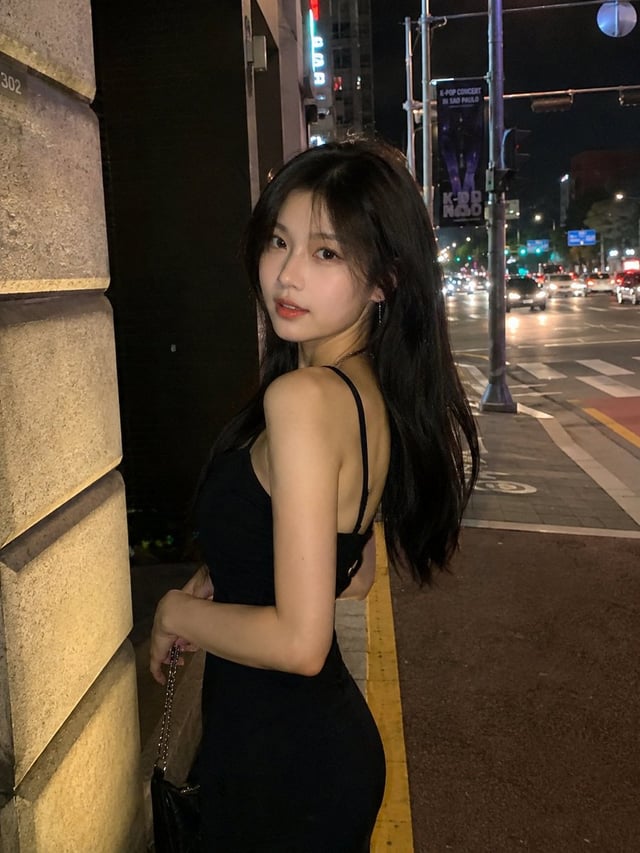 Photorealistic adult East Asian woman, long straight dark hair, soft natural makeup, glowing skin, e