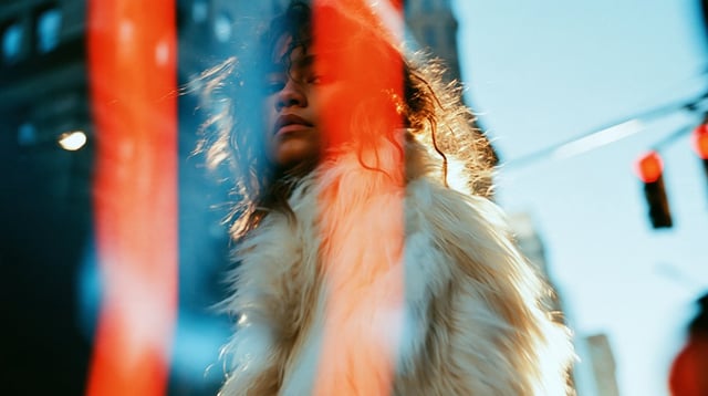 Zendaya wearing big oversized white fur coat in New York, Kodak 35mm film, golden hour, bokeh, artis