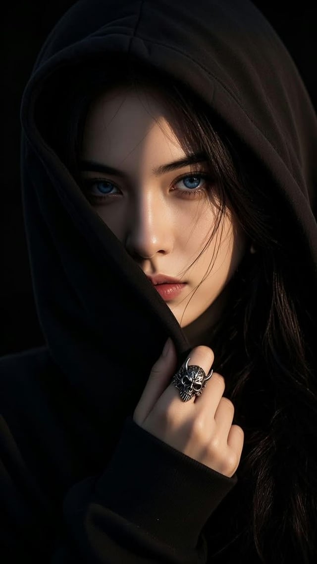 A moody close-up portrait of a mysterious young East Asian woman with striking light blue eyes weari