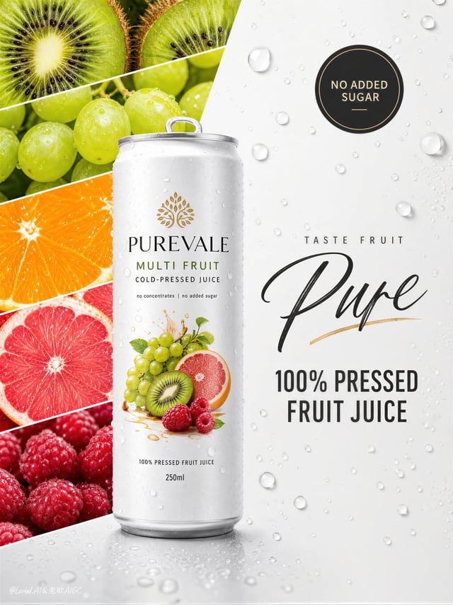 Create a Cannes-level flagship beverage advertising poster for an original premium juice brand named
