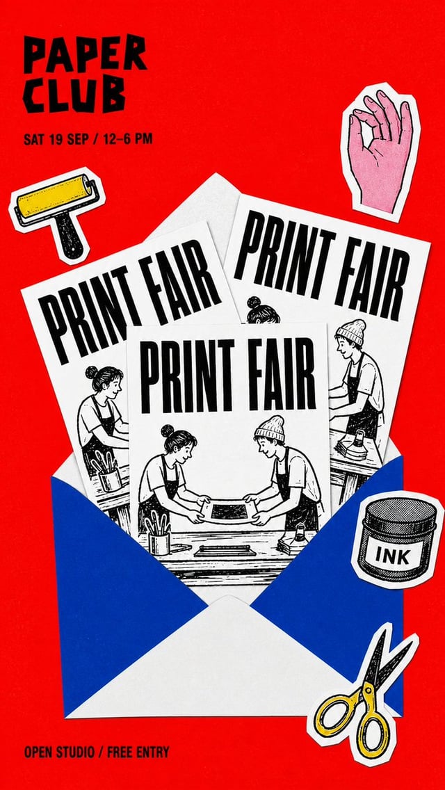 Create an event poster for [Event Name]. Arrange three overlapping cool-white flyers emerging from a