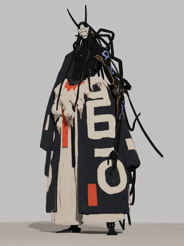 Samurai Mecha wearing holographic oni mask, holographic runes, opulent robes, onyx skin, futuristic,