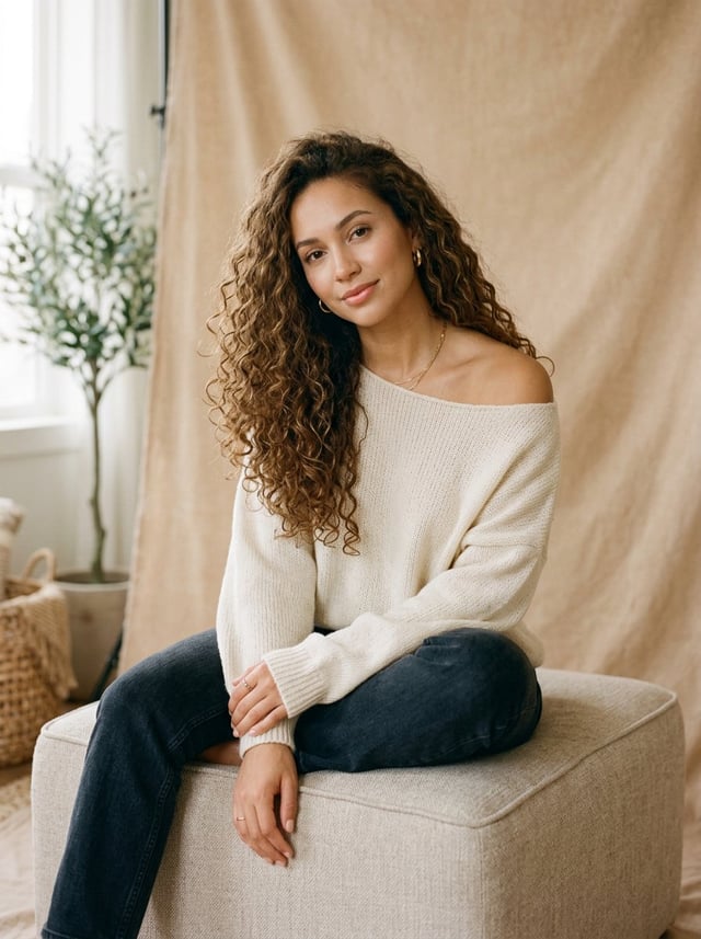 A woman with long, curly hair sits elegantly against a soft beige background. She wears a loose-fitt
