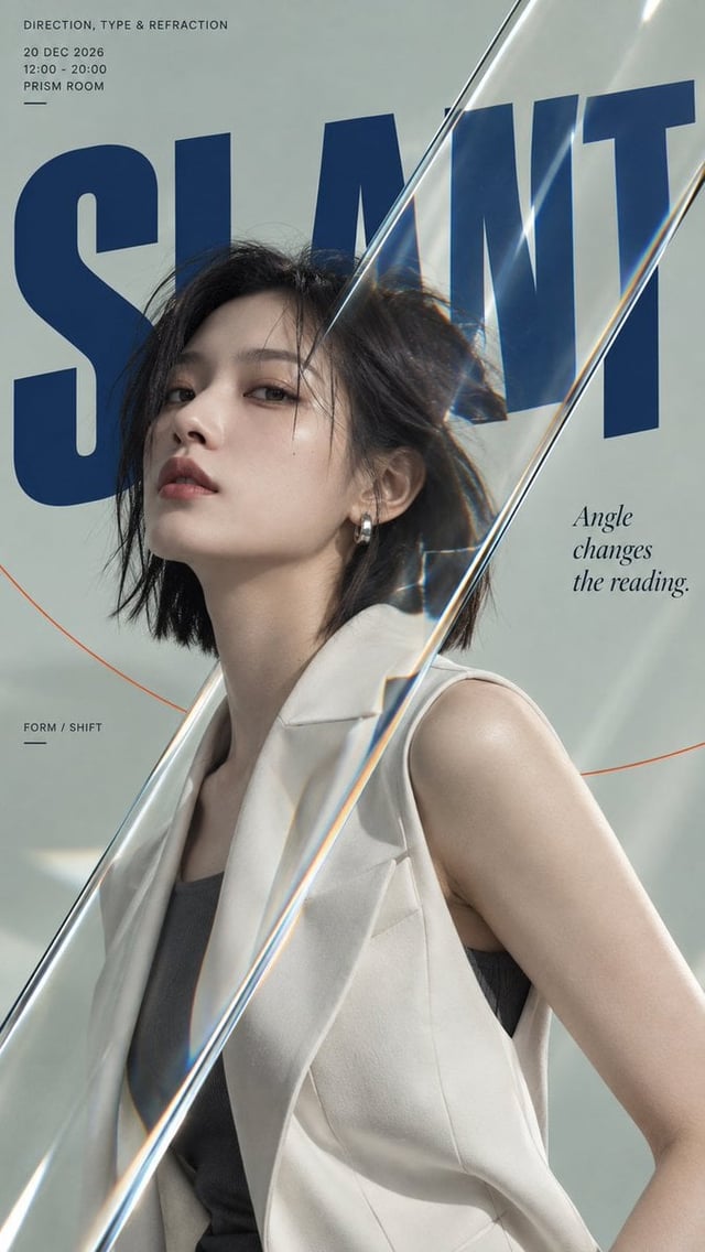 Create a 9:16 editorial poster that combines a fashion portrait, oversized typography, and a transpa