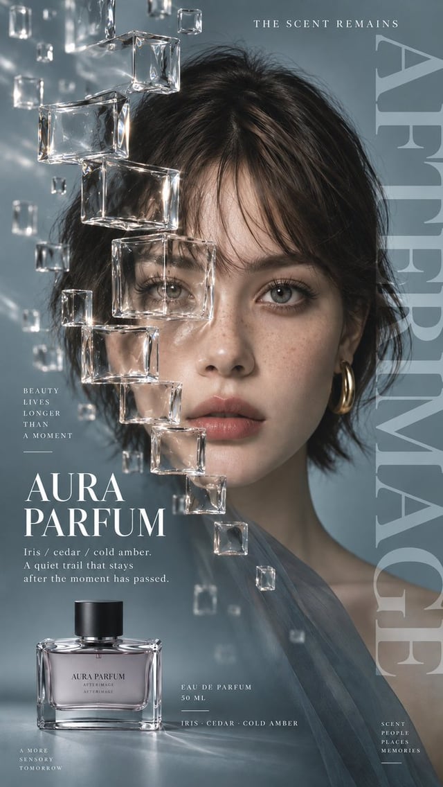 Create a 9:16 premium editorial campaign using a realistic portrait, transparent optical material, a