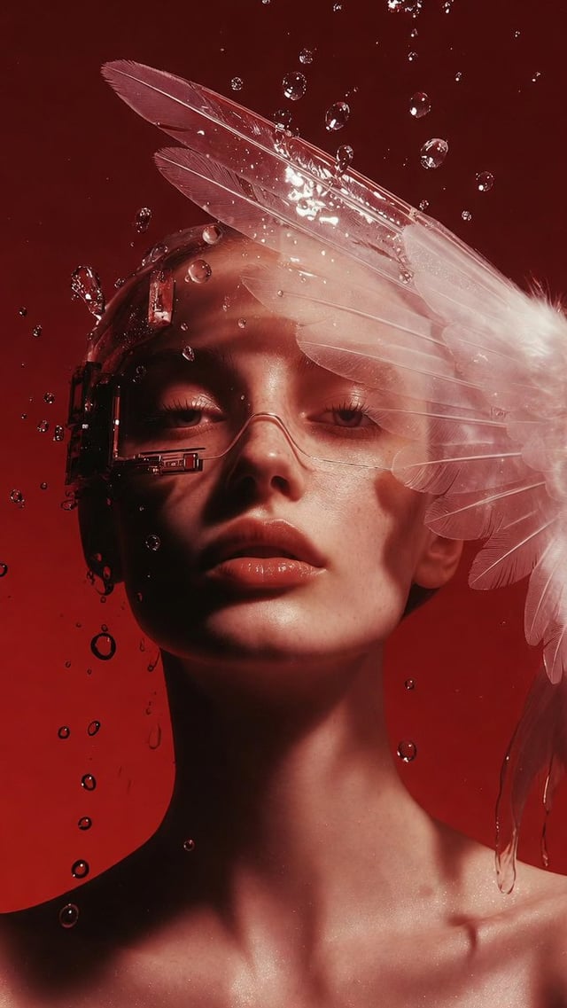 Her face, half covered by a translucent angel wing, hints at the technology beneath. Water around he