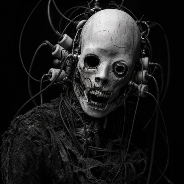 Cybernetic horror portrait, gaunt humanoid figure with cracked porcelain-white skull-like mask, mism