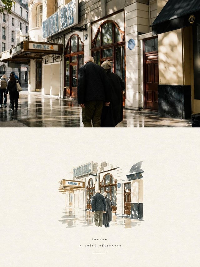 Create a refined editorial travel-art composition based on a reference photograph. The image is divi