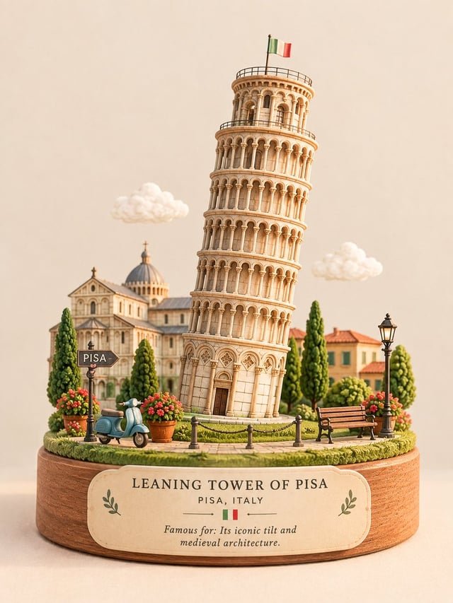 Create a premium cute miniature 3D diorama of [Structure Name], [City Country]. Keep the landmark re