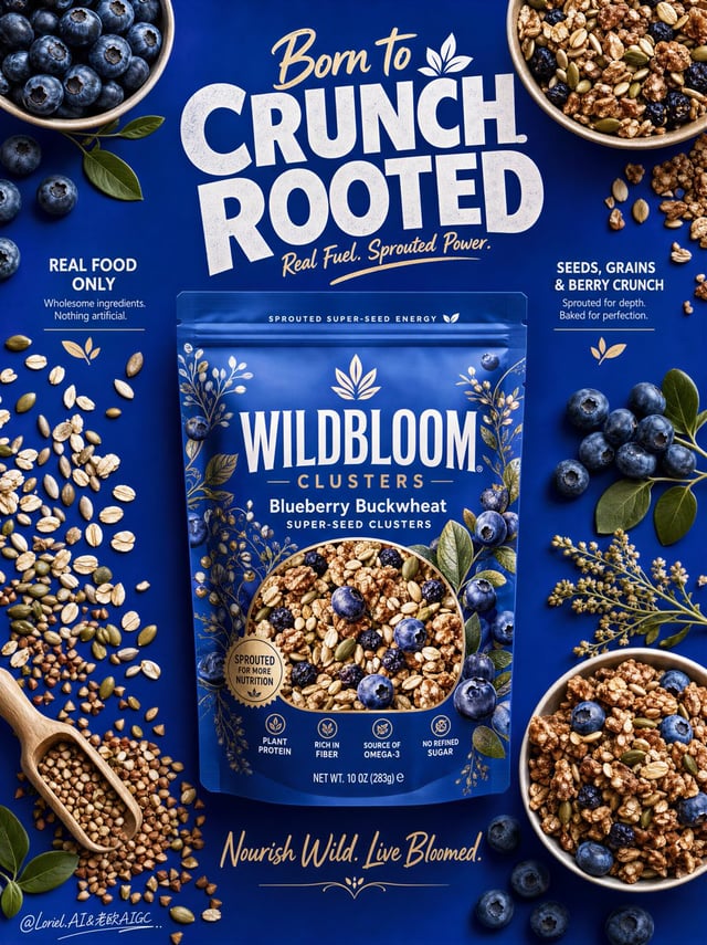Create a Cannes-level ultra-premium FMCG snack poster for an original sprouted super-seed cluster br