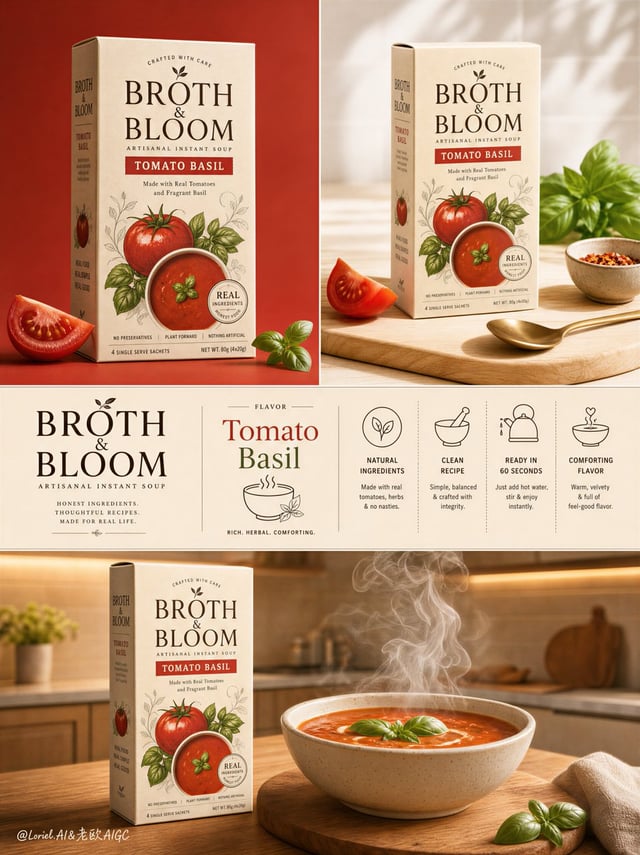 Create a Cannes-level ultra-premium FMCG campaign board for an original artisanal instant soup brand