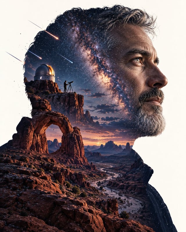 A cinematic double-exposure portrait of a rugged middle-aged astronomer shown in sharp side profile,