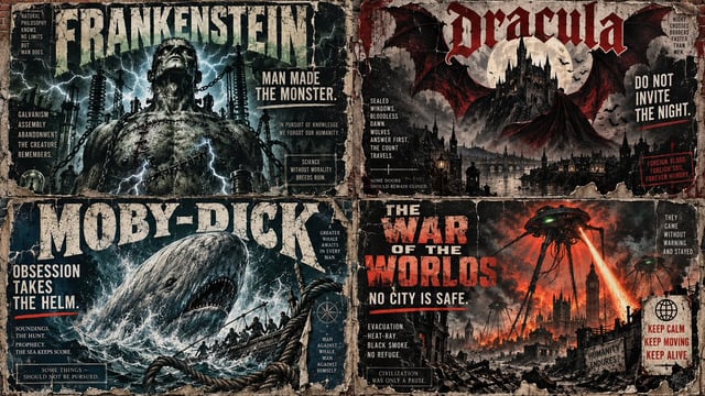 2x2 grid, 16:9, pick 4 non-copyrighted, public domain books for this: Create a dramatic literary pro