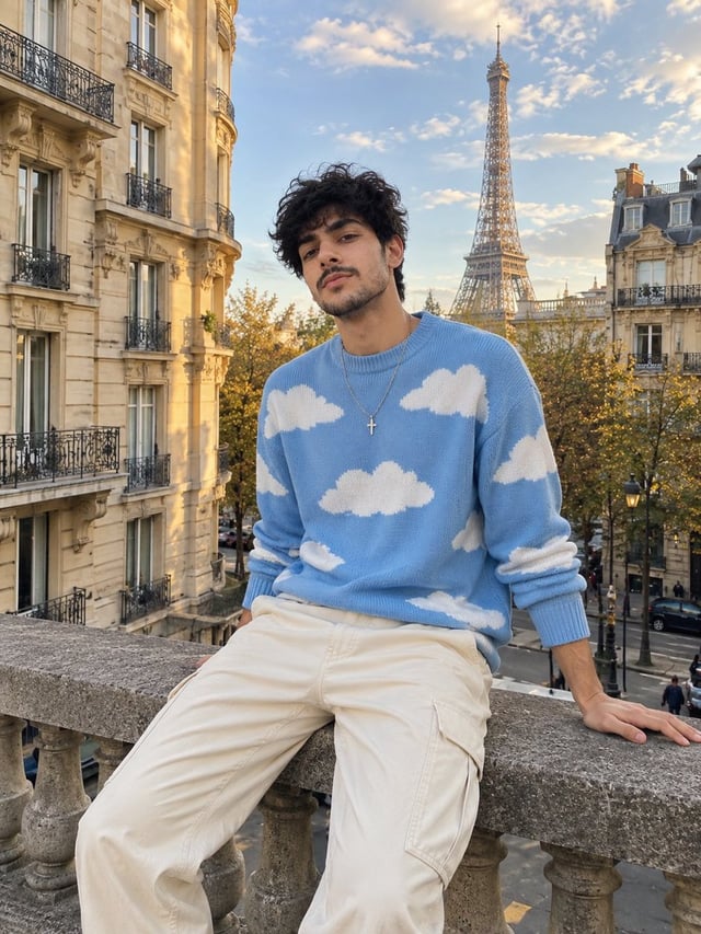 Ultra-realistic smartphone travel portrait of a young man sitting casually on a stone railing in the