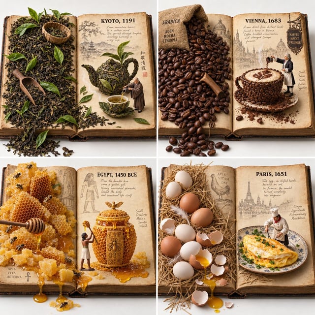 instruction> 2x2 grid, 16:9, do this for tea, coffee, honey, eggs   1. The Semantic Inference Engine