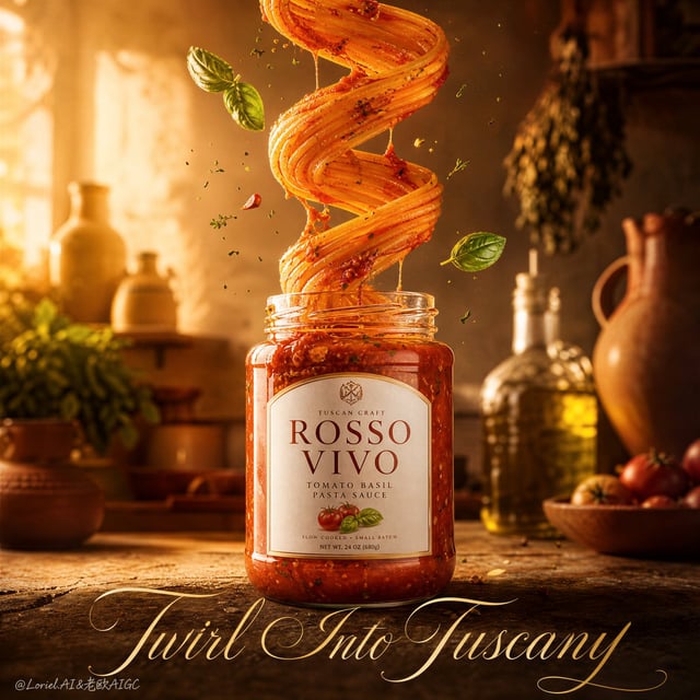 Create a Cannes-level ultra-premium food advertising poster for the fictional Italian pasta sauce br