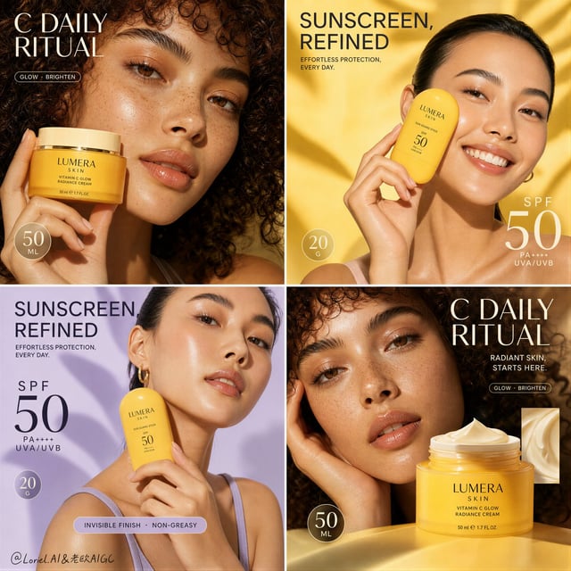 Create a Cannes-level premium four-panel skincare campaign board for a fictional beauty brand called