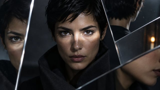 Create an extraordinary photorealistic cinematic fashion portrait. Vertical 4:5, full bleed, no typo