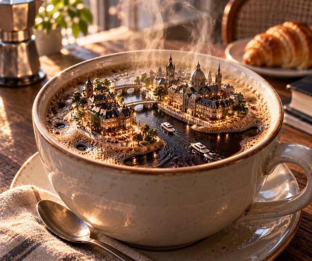 Create a surreal yet photorealistic image of a miniature city built inside a cup of coffee. The foam