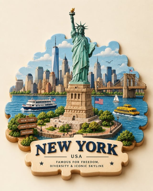 Create a charming 3D puzzle-piece travel scene of [City], [Country], designed as a single cohesive m