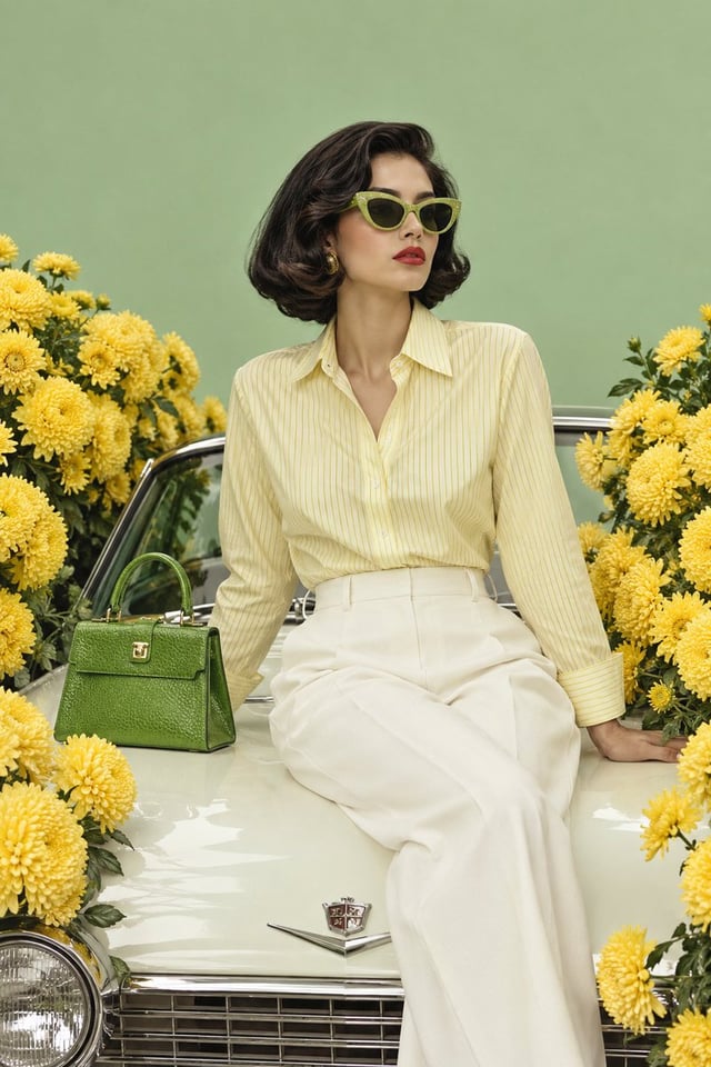 High-fashion editorial portrait of a young woman with a voluminous glossy dark curled bob styled in 