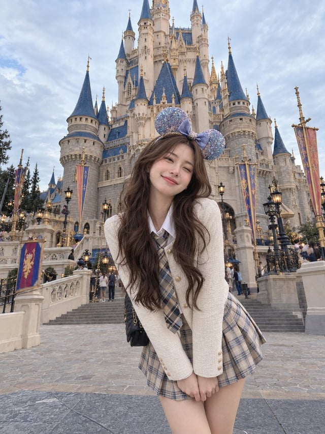 A realistic candid travel photo of a young East Asian woman having a fun, magical day at a fairytale