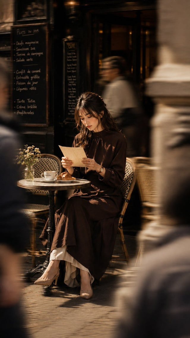Ultra-photorealistic cinematic street photography of a young East Asian woman in her early 20s sitti