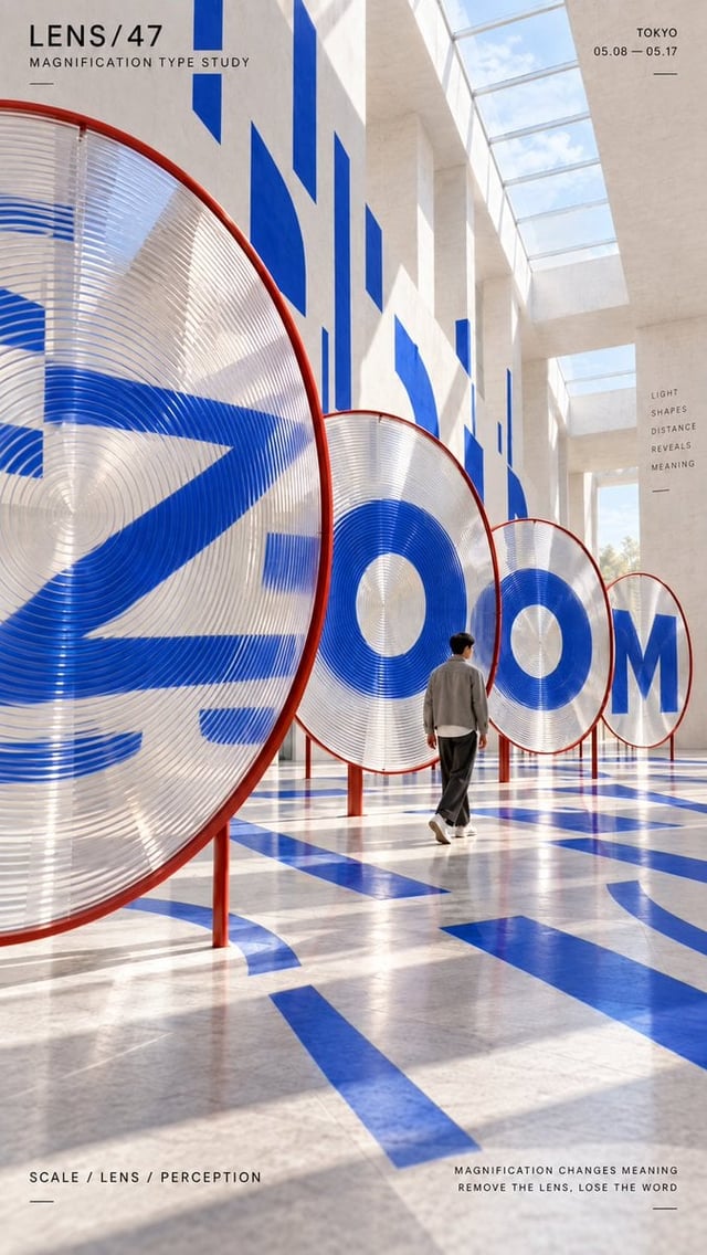 Create a 9:16 vertical poster in a clean contemporary museum-like architectural space, with minimal 