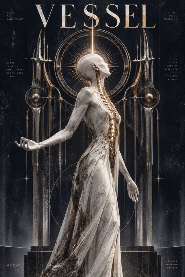 2:3 竖版海报，neo-gothic sacred editorial poster，成年中性人体，整体像 marble saint statue + biomechanical vessel。人物