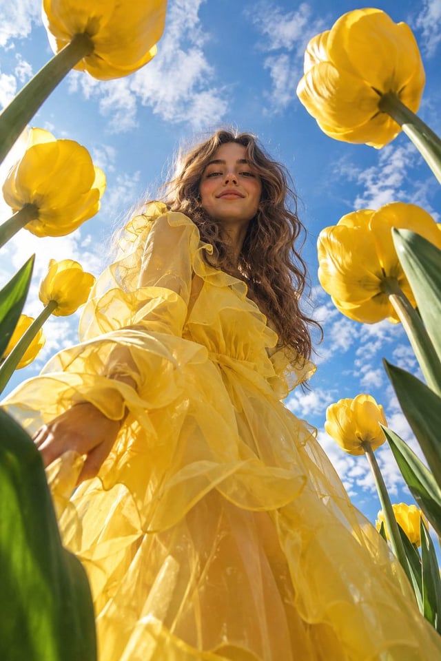 Whimsical high-fashion editorial photograph of a young woman with long flowing wavy brown hair blowi