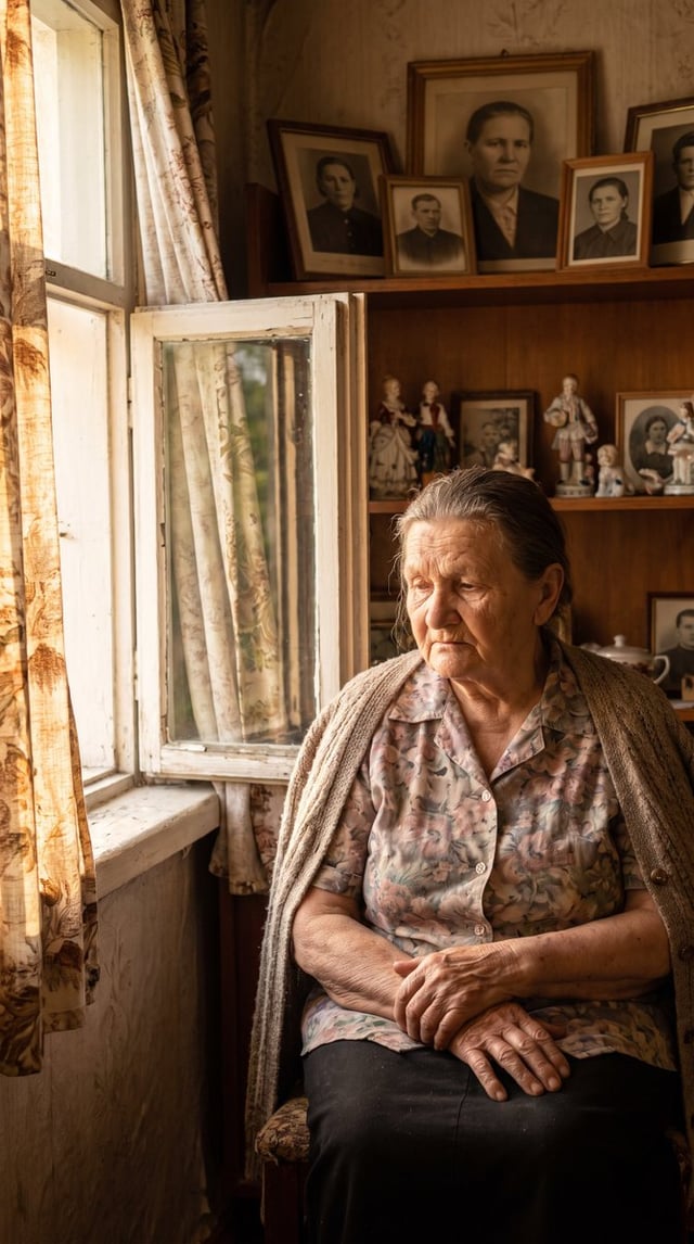 Extremely realistic emotional photograph of an elderly mother sitting beside an open window in a mod