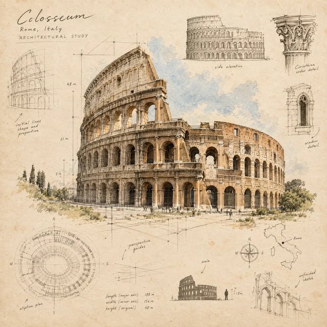 Create a stunning 4:5 vertical fine-art sketch illustration of [Structure Name] as if it is being dr