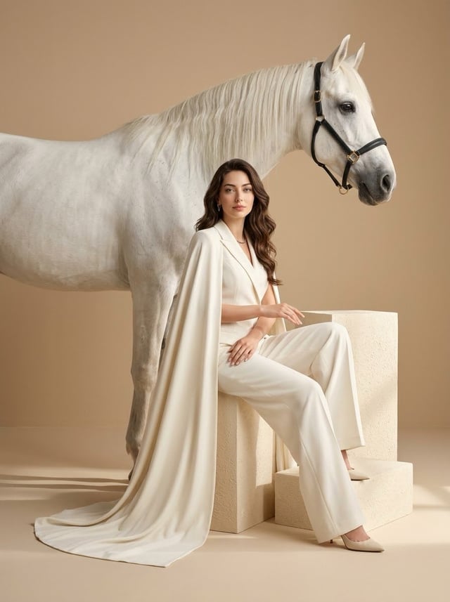 Ultra-realistic luxury fashion editorial in a minimalist warm beige studio. A glamorous adult blonde