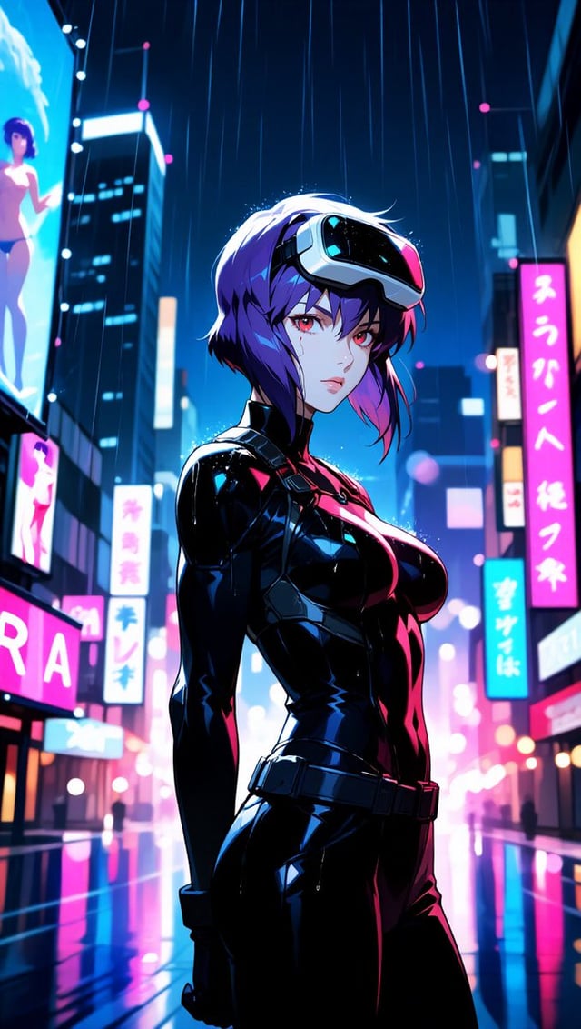 Motoko Kusanagi, solo, inspired by Ghost in the Shell, cyberpunk anime style, short purple hair, bob
