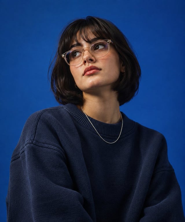 Create a high-end studio fashion portrait inspired by the uploaded blue-background reference photogr