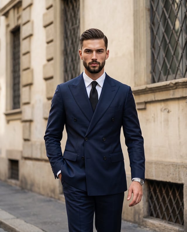 A photorealistic menswear street style portrait of a handsome male with a strong jawline confidently