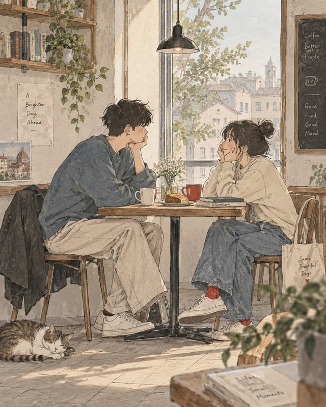 Create a delicate contemporary Japanese slice-of-life illustration showing a quiet, cozy everyday mo