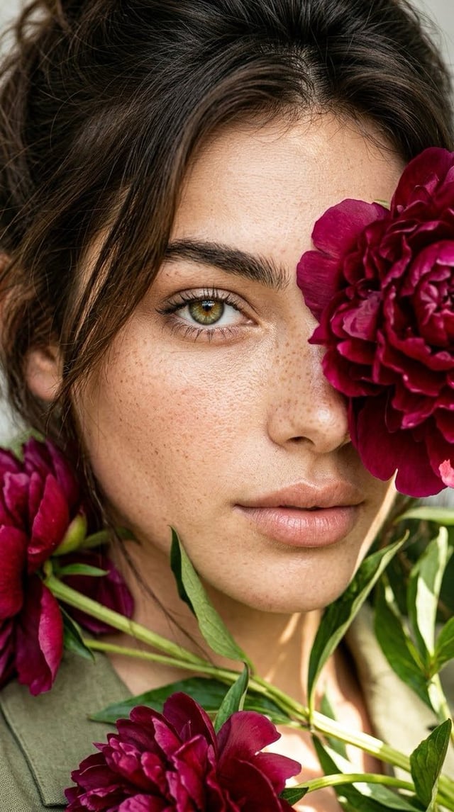 A breathtaking ultra-photorealistic fine-art beauty portrait of an elegant adult woman, captured in 