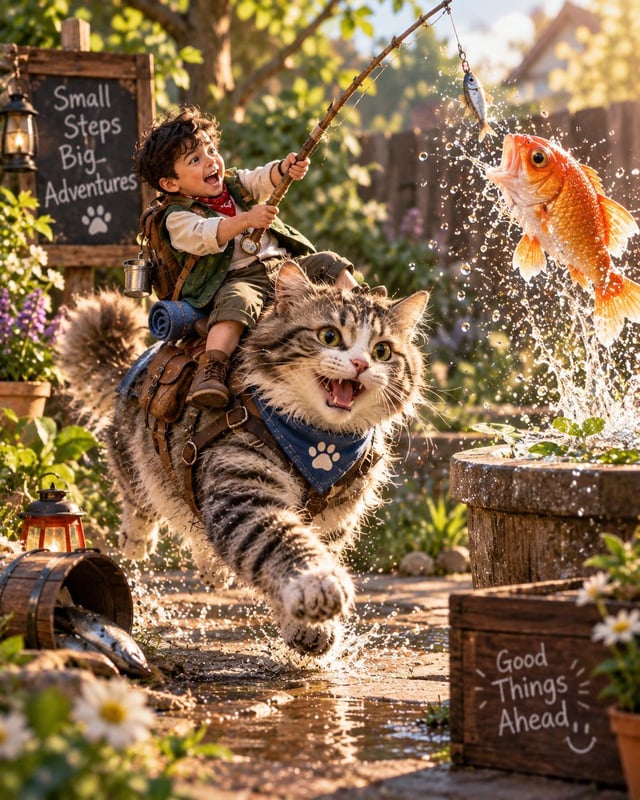 A cinematic, ultra-realistic fantasy adventure scene of a joyful young boy with curly dark brown hai