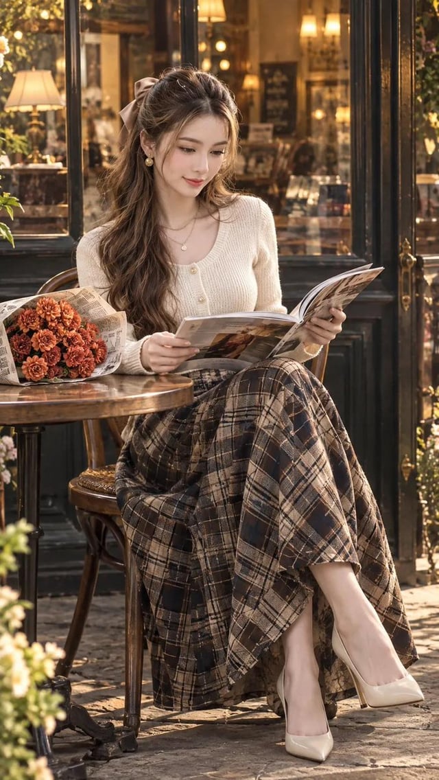 A vertical, full-body photograph of a stylish young East Asian woman sitting at a vintage outdoor ca