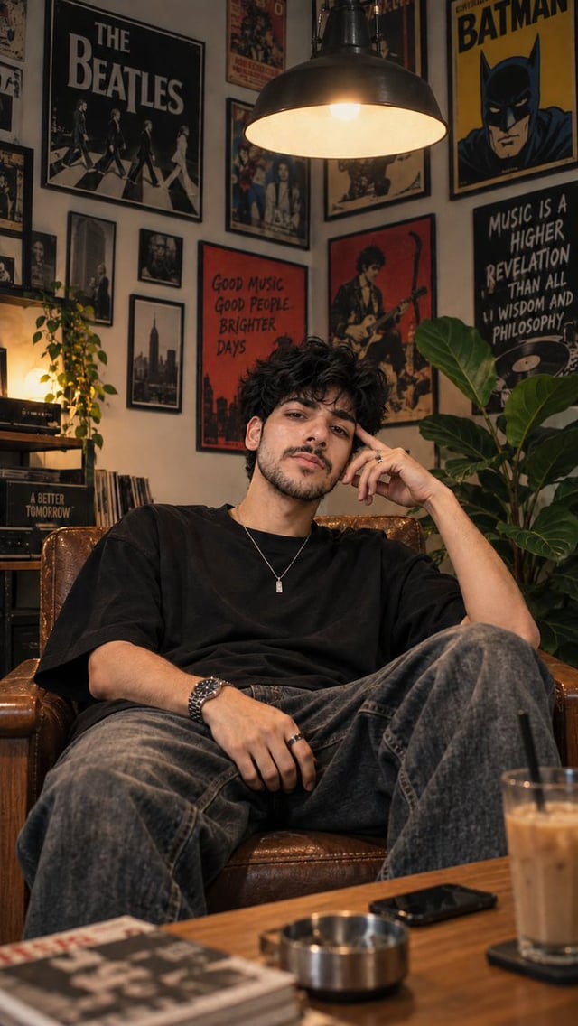 Create an ultra-realistic, high-end cinematic lifestyle portrait of a young man sitting casually in 
