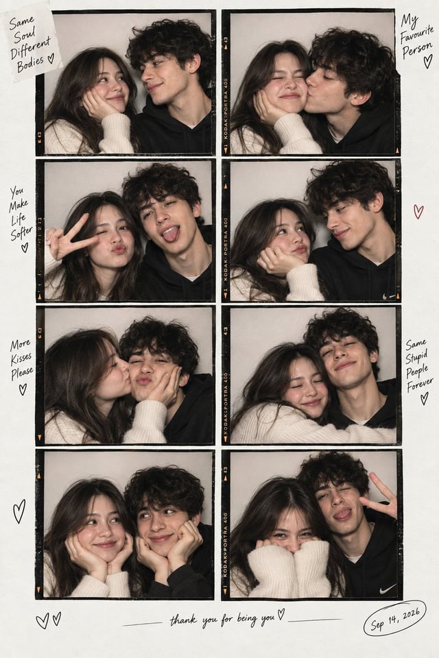 Create an ultra-realistic vertical 2×4 photobooth contact-sheet collage of the same adorable young c