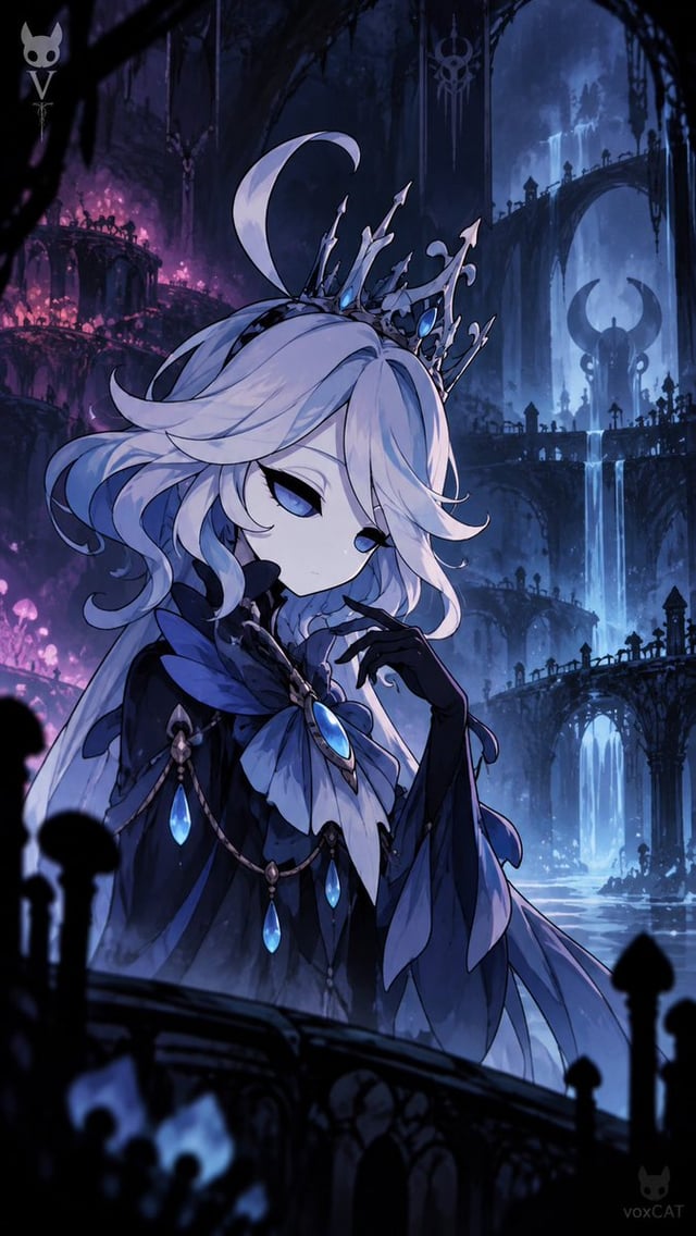 Hollow Knight 游戏画风，将[角色名]重设计为 2D 动作游戏角色海报。9:16竖版，半身构图，角色作为唯一核心主体，表情冷静、神秘、忧郁，带有空洞感与危险感，像沉默地立于幽深地下王国中的