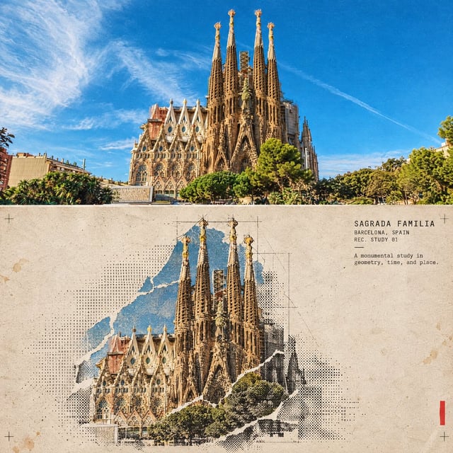 Turn this structure photo into a single high-end halftone architectural travel-collage poster. Outpu